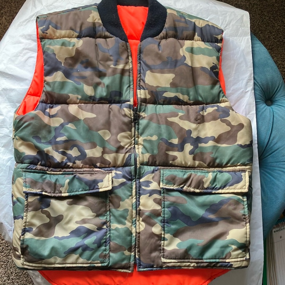 Green and Brown Reversible Puffer Jacket with Camouflage
